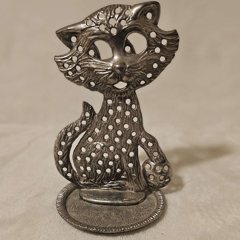 Vintage Silver Metal Heavy Cat Earing Holder